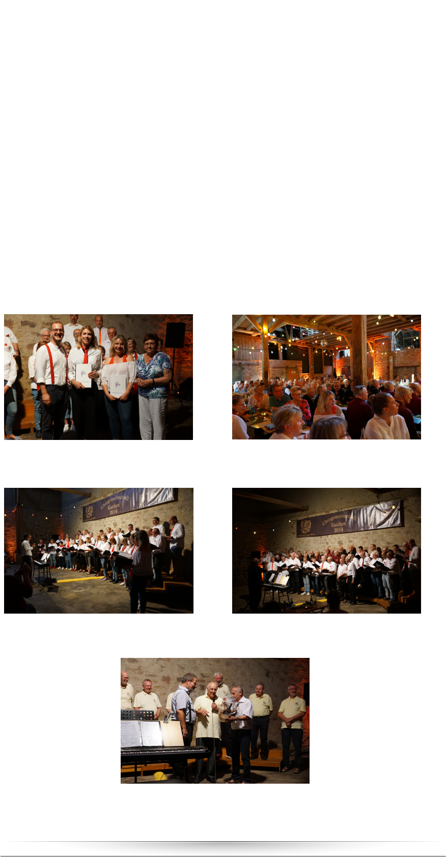 25.07.23 > Abschied und Neustart unter Freunden Erfolgreiches Weinfest der Chorgemeinschaft Kaichen unter neuer Leitung / Letzter Auftritt der Ostheimer Chöre mit Oliver Seiler  „Wenn Freunde auseinander gehen“ sangen die Sänger der Heimatliebe Ilbenstadt - verstärkt durch Mitglieder der Sängervereinigung Burgholzhausen - und der Männerchor der Chorgemeinschaft Kaichen als Zugabe ihres gemeinsamen Auftritts gegen Ende des Weinfests in Hof und Scheune von Familie Roth. Zuvor hatten sie mit dem Klassiker „Aus der Traube in die Tonne“ unter Leitung von Jörg-Alfons Hutter spontan einen fulminanten Auftritt aufs Podest gelegt, der vom Publikum mit sattem Applaus und Zugabe-Rufen gefeiert wurde.  Tatsächlich war es wieder ein wunderbarer Abend in freundschaftlicher Atmosphäre, gemeinsam mit den weiteren treuen Gastchören „Taktvoll“ von der Liederlust und der Sängervereinigung aus Ostheim, die mit ihrem Dirigenten Oliver Seiler die Bandbreite der Chormusik unterm mit Lichterketten geschmückten Tennenboden aufzeigten. Dazu trugen übrigens auch die „Hosenträger“ bei: Die Kaicher Sänger Christian Hülsmann, Andy Klug sowie Hendrik und Nils Roth (Piano) überraschten das Publikum mit ihren charmant-bissigen Couplets, die zu Fasching fester Programmpunkt der Eintracht-Kappenabende im Kaicher Bürgerhaus sind.    Die Gastgeber der Chorgemeinschaft Kaichen mit ihrem gemischten und dem Männerchor stehen seit März dieses Jahres unter Leitung von Valentin Haller aus Friedberg-Ockstadt, der neben neuen Stücken wie „Nette Begegnung“, „Für Frauen ist das kein Problem“ (Max Raabe) und dem englischen Madrigal „Come again!“ eine Auswahl an Repertoire-Stücken vorbereitet hatte. Die rund 200 Gäste in der Scheune bestätigten mit ihrem ausgiebigen Applaus die souverän bestandene Feuerprobe.  „Es ist wunderbar zu sehen, dass es in Kaichen mit dem Chorgesang erfolgreich weitergeht“, sagte Heidi Bauer-Klar, die als Vorsitzende des Sängerkreises Friedberg an diesem Abend im Namen des Hessischen Chorverbands zwei Ehrungen durchführen konnte. Für 25 Jahre aktives Singen beim Gesangverein Eintracht Kaichen erhielten Melanie Roth und Julia Hahn eine Urkunde und die silberne Ehrennadel sowie ein Weingeschenk von Chorvorstand Jan-Otto Weber.       Zu Beginn des Abends hatte der Vorsitzende der Einigkeit Kaichen Dirk Martin die Gäste begrüßt, darunter auch die beiden Ehrenvorsitzenden Heinz Fink (Eintracht) und Manfred Steppan (Einigkeit). Martin nutzte die Gelegenheit, um Chorleiter Oliver Seiler und dessen Frau Carola zur kürzlich gefeierten Hochzeit zu gratulieren, nach rund 30 Jahren Partnerschaft. Es gab aber auch einen Wermutstropfen, denn Seiler hatte an diesem Abend seinen letzten Auftritt mit seinen beiden Ostheimer Chören. Diese verabschiedeten sich von ihrem langjährigen Dirigenten mit einem Fresskorb.  Eintracht-Vorstand Weber dankte allen Sängerinnen und Sängern, Chorleitern, Helfern und insbesondere der Familie Roth für das Gelingen des besonderen Abends, wünschte den Sangesfreunden aus Ostheim eine erfolgreiche Suche nach einer neuen musikalischen Leitung und ein freudiges Wiedersehen im kommenden Jahr.    Sängerkreisvorsitzende Heidi Bauer-Klar (rechts) ehrte im Namen des Hessischen Chorverbands die beiden Sängerinnen Julia Hahn (Zweite von rechts) und Melanie Roth für 25 Jahre Chorgesang. Eintracht-Vorstand Jan-Otto Weber gratulierte.  Rund 200 Gäste genossen den Abend bei der Chorgemeinschaft Kaichen in der urig-gemütlichen Scheune von Familie Roth. Gemischt und Männerchor: Der neue Chorleiter Valentin Haller bestand seine Feuerprobe mit dem gemischten und dem Männerchor der Chorgemeinschaft Kaichen mit Bravour.  Ungeprobt begeisterten die Sänger aus Ilbenstadt, Burgholzhausen und Kaichen unter Leitung von Jörg-Alfons Hutter mit dem Klassiker „Aus der Traube in die Tonne“.  Chorleiter Oliver Seiler (links) erhielt einen Fresskorb vom Vorsitzenden der Sängervereinigung Ostheim Reinhard Kittel (Mitte).