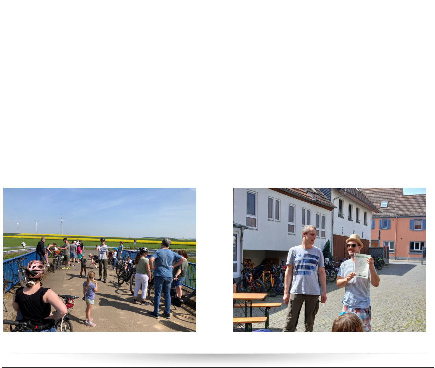 02.05.24 > Wie war er schön, der Maientag!  Schöner kann eine Maifeier nicht sein! Bei herrlichem Sommerwetter starteten etwa 30 Radfahrer und zehn Wanderer traditionell um 10 Uhr an der Weed. Jörg Senzel hatte auch dieses Jahr wieder eine wunderbare Radroute ausgekundschaftet. Der Weg führte die Gruppe durch den Diebseichewald zur Kompostierungsanlage Niddatal und weiter durch den Wald nach Assenheim. Unterwegs ergaben sich tolle Perspektiven, etwa der Blick auf den Nonnenhof und die Basilika in Ilbenstadt. Der Specht hämmerte, der Kuckuck rief, die Sonne schimmerte durchs Blätterdach. Durch Assenheim an der Schule vorbei führte der Weg weiter übers Feld nach Bruchenbrücken und dort am Ortsrand entlang und unter der S-Bahn-Trasse hindurch Richtung Nieder-Wöllstadt. Auf der Brücke über die Umgehungsstraße machte die Gruppe Rast und ließ sich das von Mario Berndt im Kühlrucksack mitgebrachte Eis schmecken.   über Nieder-Wöllstadt und Roggau gelangte die Gruppe wieder nach Kaichen, wo in Hof und Scheune von Familie Roth insgesamt etwa 70 Mitglieder und Freunde der Eintracht bei selbstgemachter Bowle, Grillwurst und Salaten fröhlich bis in den Abend feierten. Bei dieser Gelegenheit konnte auch Christoph Beier für 25 Jahre Mitgliedschaft im Kreise der Vereinsfamilie geehrt werden. Herzlichen Dank an alle, die zu dieser gelungenen Feier beigetragen haben!