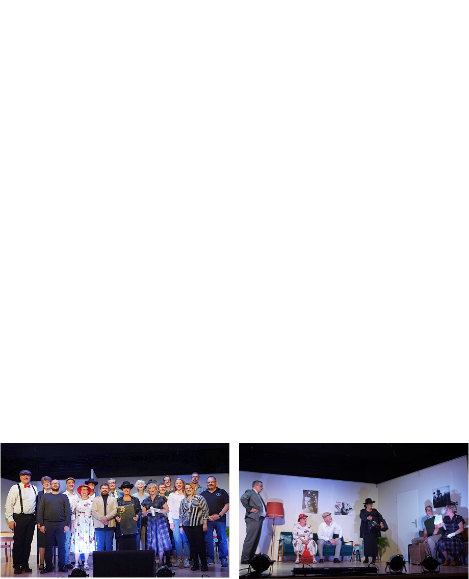 04.10.22 > „Radau“ im Kaicher Bürgerhaus Welturaufführung der KrebsbachBühne – und keiner weiß Bescheid   Niddatal, 15. Juni 1957, Studios der Taunus Film GmbH, Wiesbaden: Für den Film „Radau in der Wetterau“ stellen sich an diesem Tag mehrere Bewerber für Komparsen-Rollen vor. Doch leider läuft hier im Büro des zuständigen Produktionsassistenten Karl-Anton Simsen (Mark Vetter) einiges schief: Zwar ist für die kurzfristig ausgefallene Sekretärin mit Elfriede Emsfelder (Ellen Ickstadt-Beier) kompetenter Ersatz in Aussicht, allerdings wird sie zunächst als Schauspielerin angestellt.  Schon zuvor hatte die biestige Minna Knurrhahn (Rebekka Zöller) im Wartebereich einen „Zusammenstoß“ mit der unbefangenen Annemarie Hufnagel (Silke Merz), wobei nicht nur Minnas Koffer mit dem Helm der Brunhilde, sondern auch die Knöpfe von Annemaries Bluse durch das Zimmer flogen. So etwas hat der liebenswürdige und mit starkem Akzent behaftete Ungar Laszlo Almasy (Kevin Loos) in seinem ganzen „Läbben“ noch nicht gesehen, nur auf „Biehne“ am Theater in Budapest.    Seine liebe Mühe hat auch der in solchen Dingen unbedarfte, aber sonst fröhliche Requisiteur Jakob Ringelstätter (Hendrik Roth), um die Konversation mit der divenhaften Gina Montana (Gisi Bertagnoll) und dem hintergründigen Rüdiger Plattering (Julian Feuerbach) am Laufen und in der Bahn zu halten. Allerdings gibt es im Umgang mit Frau Montana (Hans Albers hat ihr immerhin in Babelsberg die Hand geküsst!) zu viele Fettnäpfchen, von denen der gute Jakob kaum eines auslässt.   Auf solche Dinge nimmt der „liebe“ Tony Schaller (Jan-Otto Weber) als Regisseur und charmanter Flegel schon gar keine Rücksicht. Im Gegenteil: Natürliches Verhalten ist ihm bei den heimlichen Aufzeichnungen des gesamten „Radaus“ das Wichtigste. Ebenfalls eingeweiht in dieses „hinnerfotzische“ aber hilfreiche Spiel ist Kameramann Hubert von Blickendix (René Martin), der trotz seiner Darsteller-Premiere bei diesem Stück auch diesmal wieder für die Technik verantwortlich zeichnete.    Nicht zu vergessen die beiden „Klappengirls“ Sophie Roth und Kara Merz, die sich die Ansage der Szenen zu den beiden Aufführungen am letzten Septemberwochenende im Bürgerhaus Kaichen teilten. Arbeitsteilig verfuhren auch Iris Frech und Tamara Stoll (Maske) sowie Petra Kremer und Regisseurin Friederike Backöfer im Souffleuse-Kasten. Für die An- und Abmoderation des Abends hatte Bürgermeister und Ex-Eintracht Vorsitzender Michael Hahn extra seine Portierloge des Taunus Film GmbH verlassen.   Ein großer Dank geht auch an Sven Tölle und Gerd Merz, die zu dieser Inszenierung über Monate eine komplett neue Kulisse erdacht und konstruiert hatten, die künftig die in die Jahre gekommenen Bühnenaufbauten ersetzt. Apropos Kulisse: Die original 50er-Jahre-Sitzmöbel, das wunderbar gefederte Sofa also und die Stühle, waren eine Leihgabe von Lederwaren Steck aus Friedberg. Auch hier ein dickes Dankeschön des Gesangvereins Eintracht aus Kaichen!   Allergrößter Dank und Anerkennung gelten jedoch Friederike Backöfer! Nicht nur, dass sie trotz der Corona-bedingten Absage im vergangenen Jahr als Regisseurin das Ensemble zusammengehalten und für dieses Jahr neu motiviert hat. Diesmal war sie sogar als Autorin tätig. Dass die Charaktere so ausnehmend gut zu den Darstellern passten, war kein Zufall. Denn Friederike Backöfer hatte den Ensemble-Mitgliedern die Rollen auf den Leib geschrieben. „Radau in der Wetterau“ entstammt komplett ihrer Feder. Es handelte sich also um eine Welturaufführung! Der vermeintliche Urheber Sigmund Barisani diente ihr nur als Pseudonym und war im echten Leben Mozarts Leibarzt.  All dies hatte Friederike Backöfer dem Ensemble aber erst am Sonntagabend nach der zweiten gefeierten Aufführung eröffnet. Sie wollte die Schauspieler im Vorfeld nicht befangen machen, offen ihre Rollen zu interpretieren und Änderungsvorschläge anzubringen. Äußerst „hinnerfotzisch“. Aber erfolgreich!