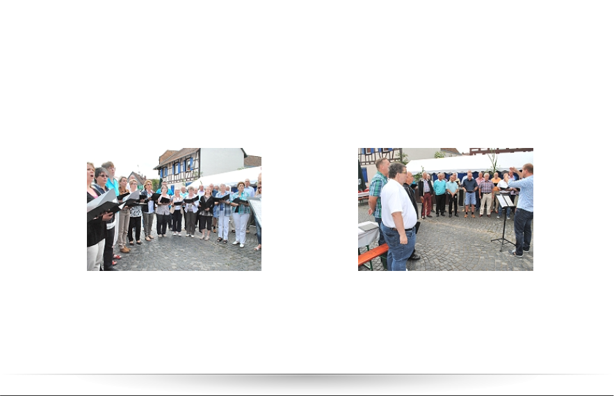 29.07.17 > Erfolgreicher Auftritt beim Straßenfest trotz Sommerpause - Regulärer Chorbetrieb startet am 10. August. Die Auftritte der beiden Chöre zum Straßenfestgottesdienst  sind mittlerweile gute Tradition geworden. Und so trafen sich die Sängerinnen und Sänger auch diesmal wieder um 9:30 Uhr im Hofgut Roth zum Einsingen. Obwohl mitten in der Sommerpause, war Vizechorleiter Jan-Otto Weber sehr froh über die starke  Besetzung und die Pünktlichkeit der Chormitglieder, was manch einem, der am Samstagabend bereits den FCK beim Feiern unterstützt hatte, sicher nicht leicht gefallen ist. Auch das Wetter spielte mit, was noch wenige Stunden zuvor bei Gewitter und Stromausfall nicht selbstverständlich war. Entsprechend gelungen war im Gottesdienst auch die musikalische Darbietung der Stücke „Morgenrot“ und „Dio del cielo“ (Männerchor) sowie „Halleluja“ und „Segen“ (gemischter Chor). Nun bleiben den Sängerinnen und Sängern der Chorgemeinschaft noch ein paar verdiente freie Tage, bis es nach der Sommerpause weitergeht. Am Sonntag, 20. August, um 14 Uhr findet ein Stimmbildungsseminar mit Chorleiter  Daniel Sans im Auftrag des Kreisverbandes statt. Auch hierzu sind natürlich alle Sängerinnen und Sänger und solche,  die sich gerne mal im Singen versuchen möchten, herzlich willkommen.